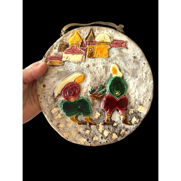Old City Pottery Studio Glazed 7.75 Round Wall Art Signed Hanger Folk Art Israel - Picture 8 of 10